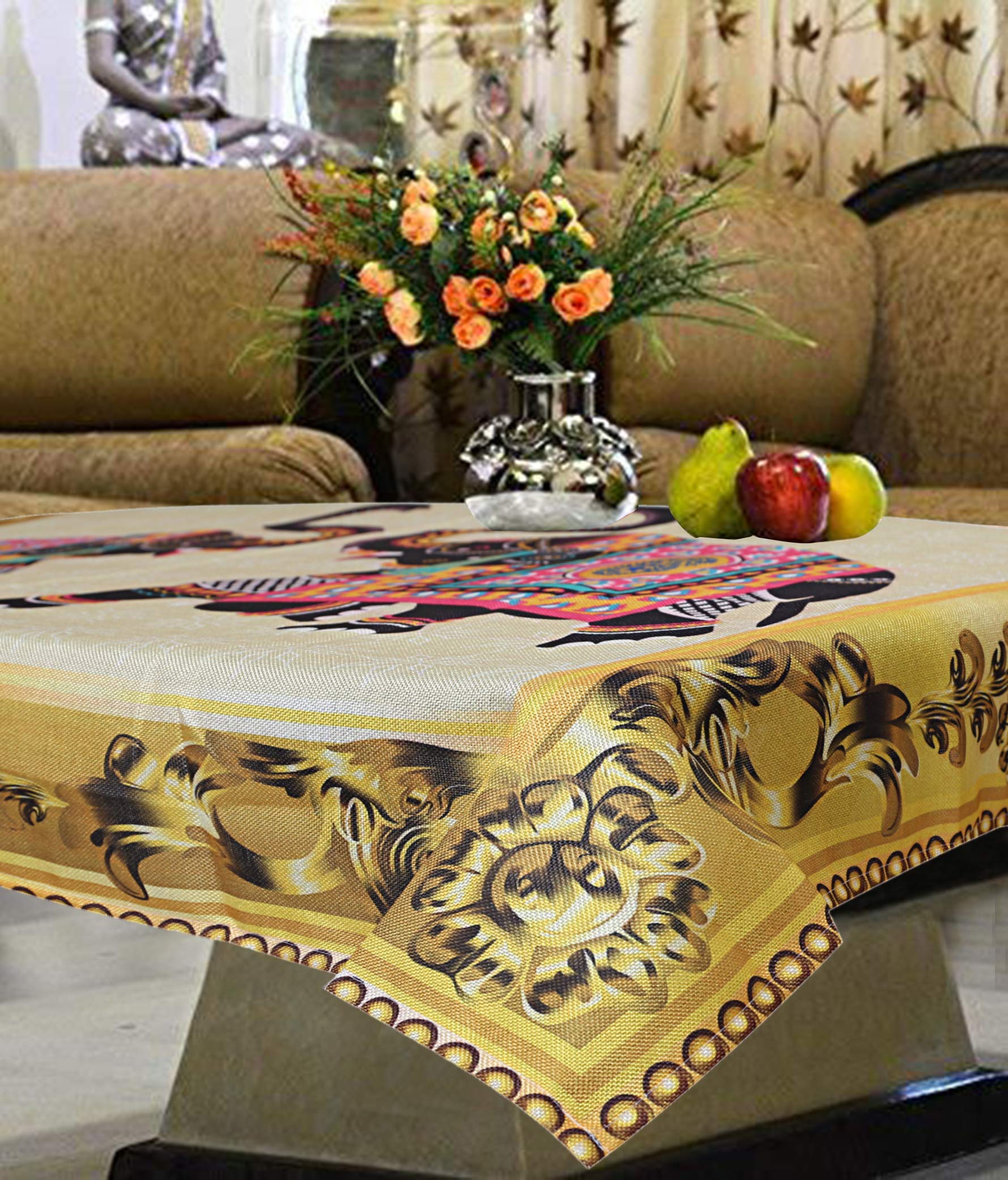Kuber Industries Elephant Design Jute 4 Seater Center Table Cover - Gold