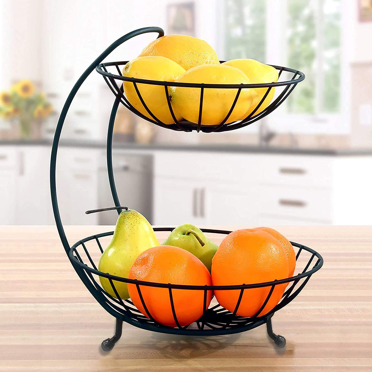 Plantex Heavy Steel 2-Tier Fruit & Vegetable Basket For Dining Table/Kitchen - Countertop (Black), 9 liter