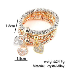 YELLOW CHIMES 3 Pcs Alloy and Australian Crystals Heart Charms Elastic Bangles and Bracelet for Women & Girls. Free Size.