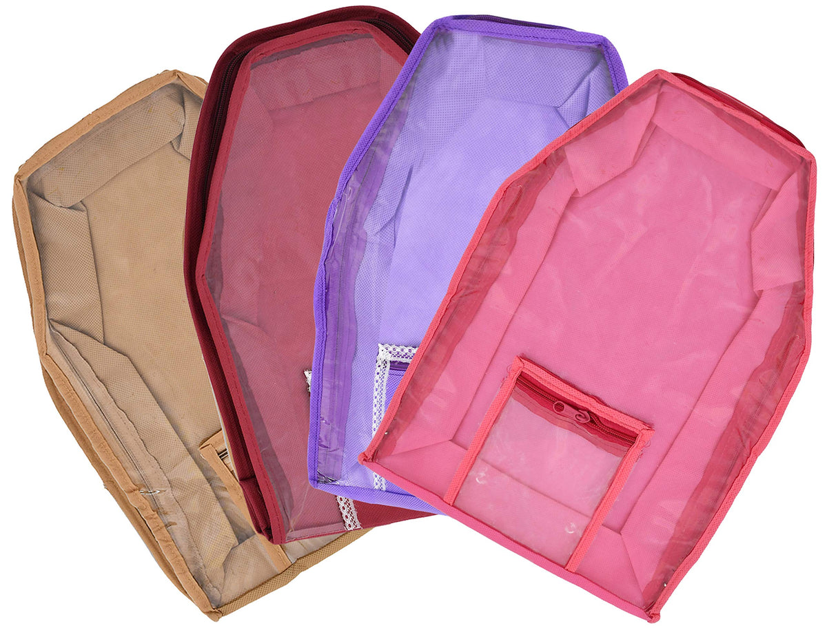 Kuber Industries 4 Piece Non Woven Blouse Cover with Front Transparent Window with Attached Pocket Set (Brown & Purple & Maroon & Pink)