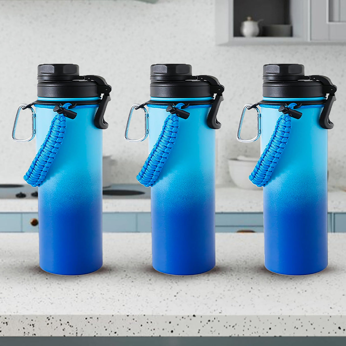 The Better Home Pack of 3 Stainless Steel Insulated Water Bottles | 1200 ml Each | Thermos Flask Attachable to Bags & Gears | 6/12 hrs hot & Cold | Water Bottle for School Office Travel | Blue-Aqua