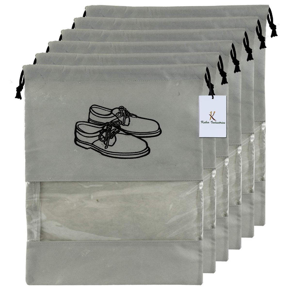 Kuber Industries Shoe Cover/String Bag Organizer|Shoe Print & Non Woven Material|Transparent Window|Size 43 x 30 Cm, Pack of 6 (Grey)-CTMTC039482