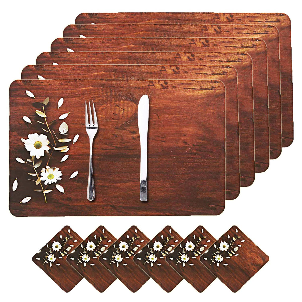 Kuber Industries Wooden Flower Design PVC 6 Piece Dining Table Placemat Set with Tea Coasters (Brown)-CTKTC32178