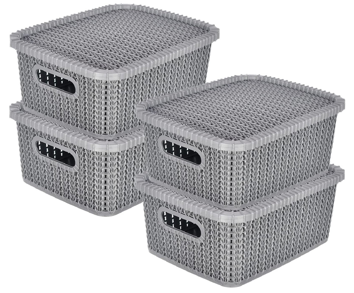 Kuber Industries Multiuses Large M 20 Plastic Basket/Organizer With Lid- Pack of 4 (Grey) -46KM075