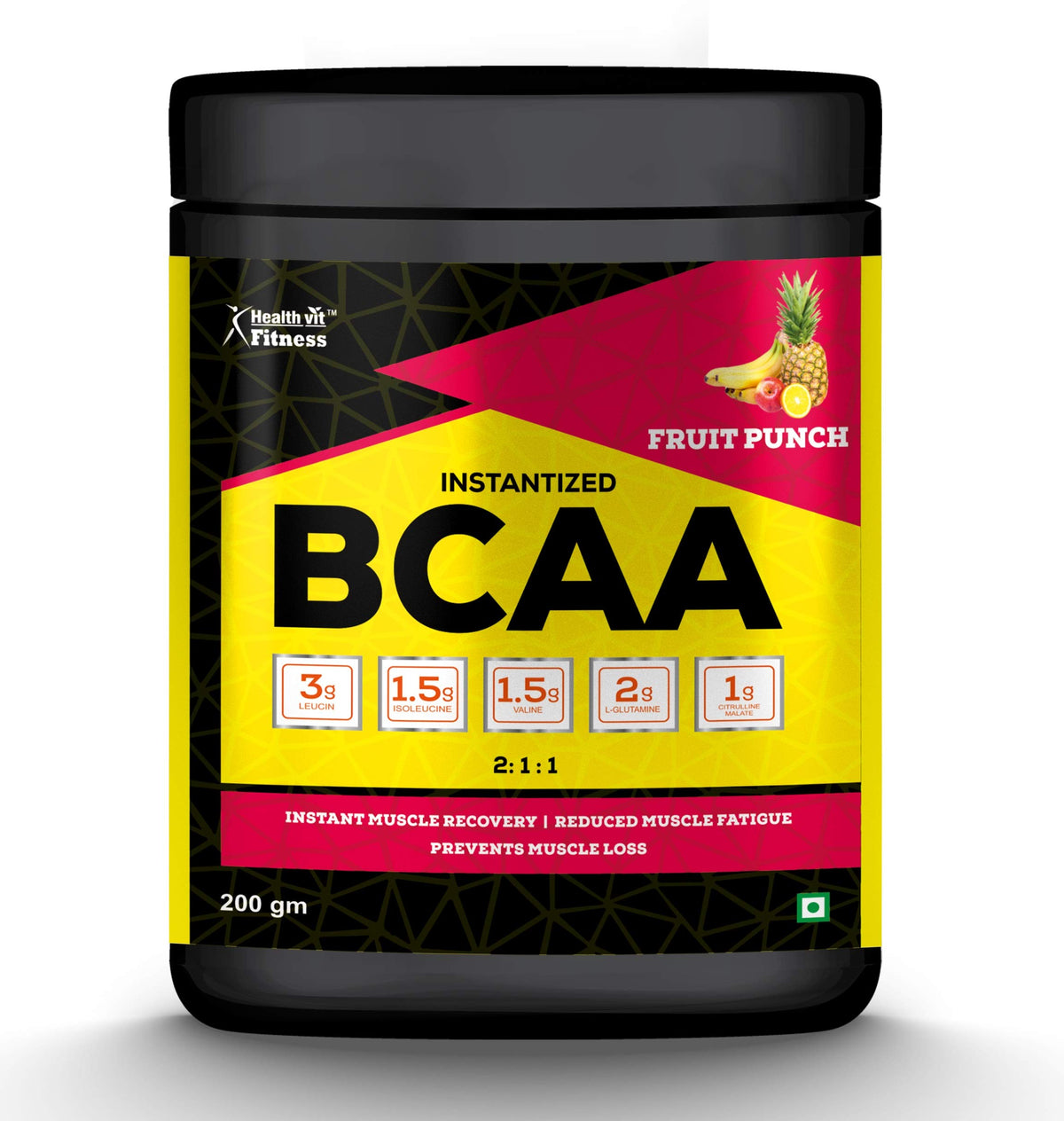 Healthvit Fitness BCAA Supplement for Workout | L-Leucine, L-Isoleucine and L-Valine in the ratio of 2: 1: 1 with L-Glutamine & L-Citrulline Malate – 200g Fruit Punch Flavor