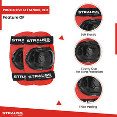 Strauss Professional All-in-One 4 Piece Protective Set for Roller Skating, Skateboarding, Inline Skating, Cycling & Running for Boys & Girls, Size Senior, (Red)