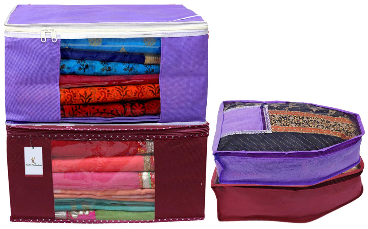 Kuber Industries Non Woven 2 Pieces Saree Cover/Cloth Wardrobe Organizer and 2 Pieces Blouse Cover Combo Set (Maroon & Purple)
