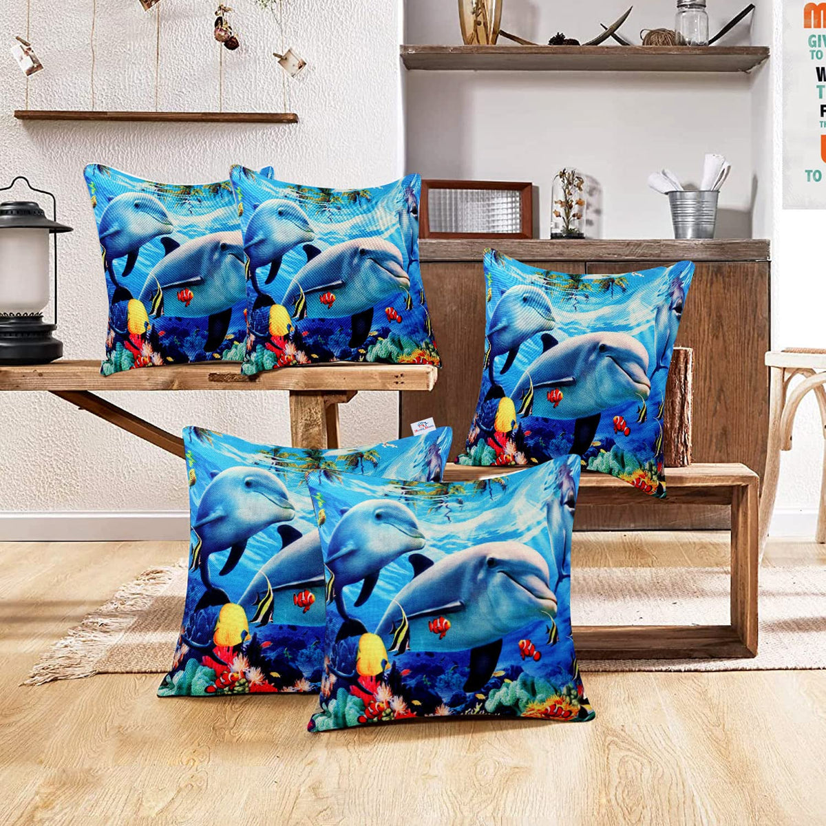 Heart Home Cushion Cover|Sofa Cushion Covers|Ocean Print Sitting Cushion Cover|Polyester Cushion Filler|16x16 Inch|Set of 5 (Blue)