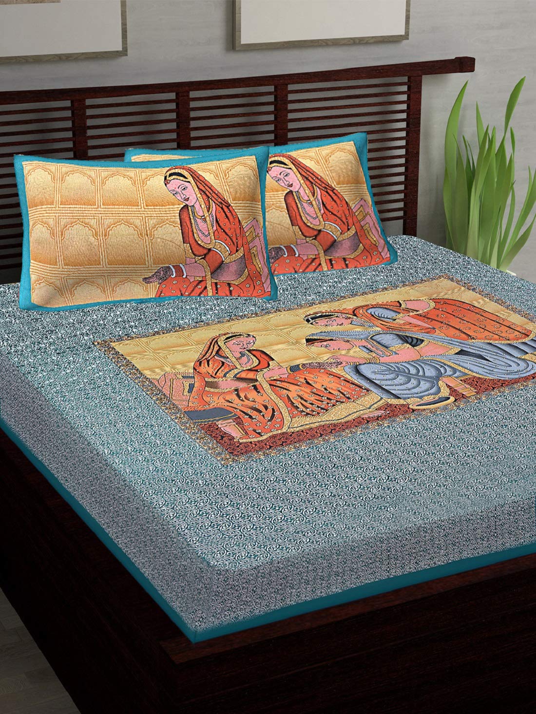 Kuber Industries Rajasthani Print Cotton Double Bedsheet with 2 Pillow Covers, Green - CTKTC046018