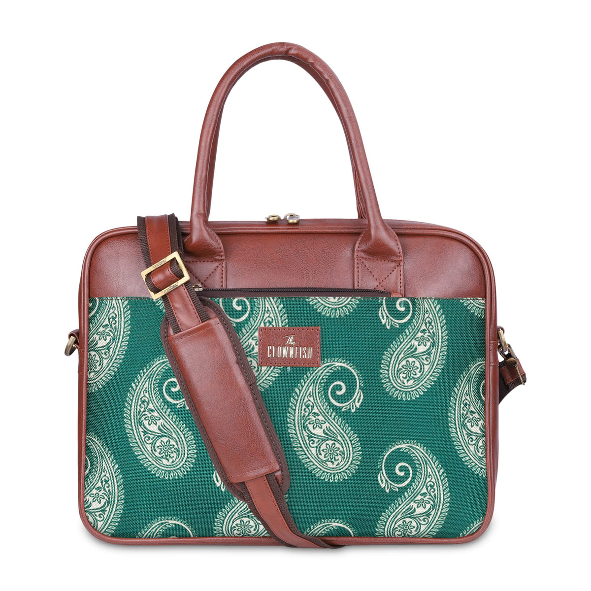 THE CLOWNFISH Deborah series 15.6 inch Laptop Bag For Women Printed Handicraft Fabric & Faux Leather Office Bag Briefcase Messenger Sling Handbag Business Bag (Fern Green)