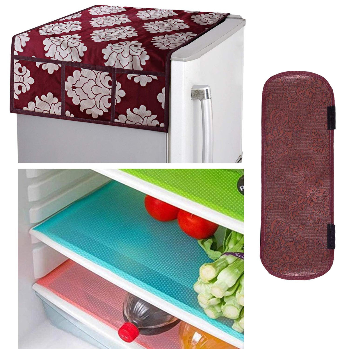 Kuber Industries PVC 3 Pieces Fridge Mats, 1 Piece Handle Cover and 1 Piece Fridge Top Cover (Maroon)-CTKTC14568