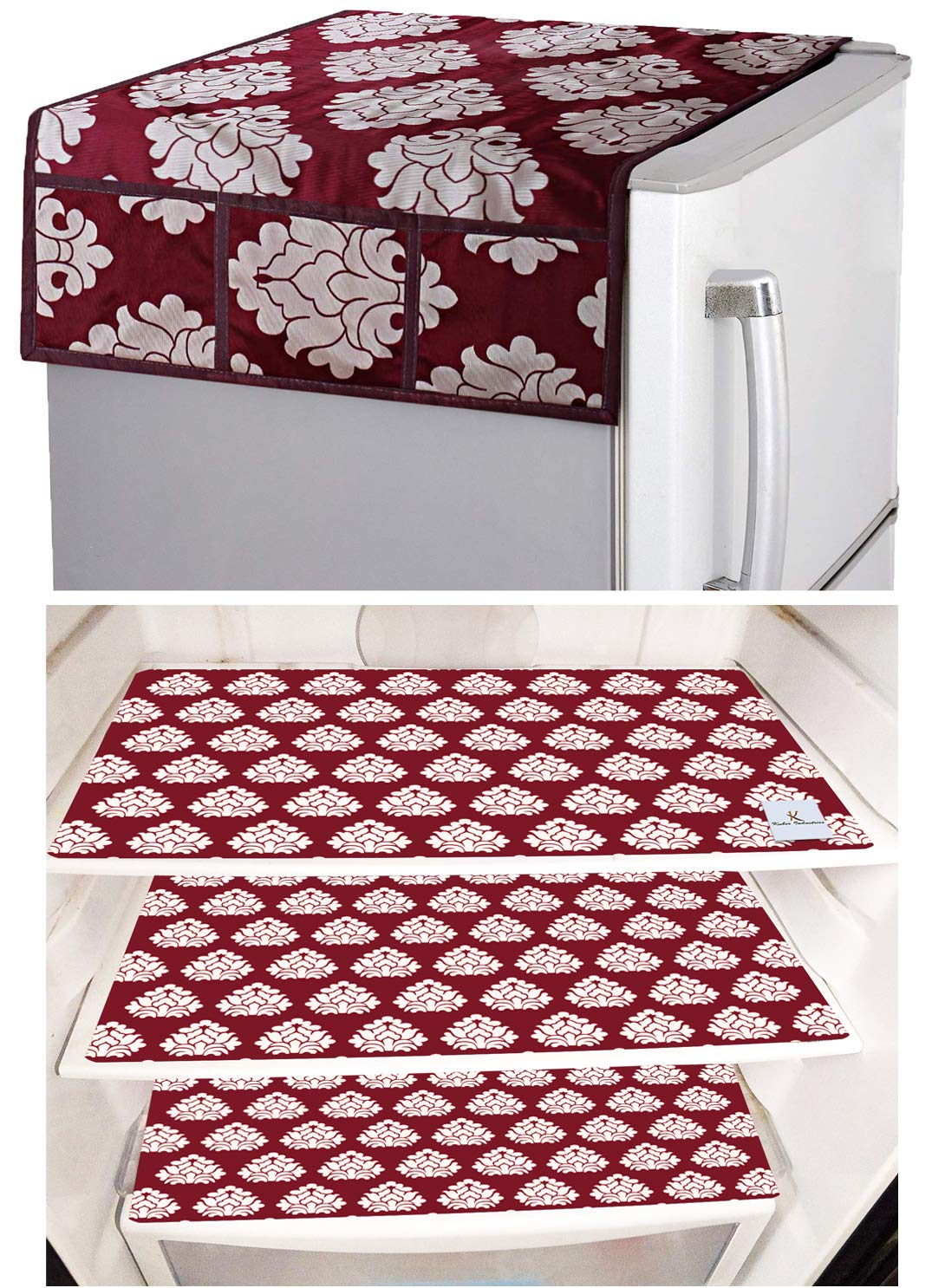 Kuber Industries Fridge Appliance Set|Flower Design & PVC Material|3 Pieces Fridge Mats|1 Piece Fridge Top Cover, Set Of 1 (Maroon)-CTKTC33654