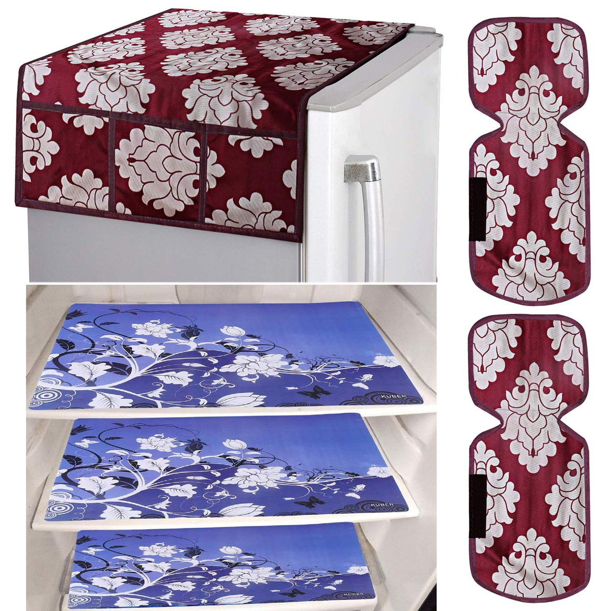 Kuber Industries Flower Design Combo PVC 3 Pieces Fridge Mats, 2 Piece Handle Cover and 1 Piece Fridge Top Cover(Maroon)