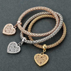 Yellow Chimes Combo of 3 Pcs Stylish Exclusive Heart Shape Rodium Platinum Plated Stretchable Charm Bracelet for Women