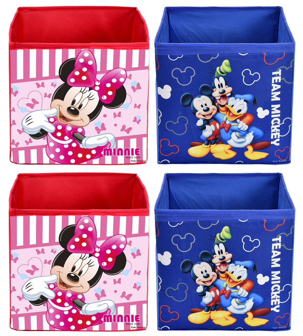 Kuber Industries Disney Print Non Woven Fabric 4 Pieces Foldable Large Size Cloth Storage Box Toy, Books Wardrobe Organiser Cube with Handle (Royal Blue & Pink)