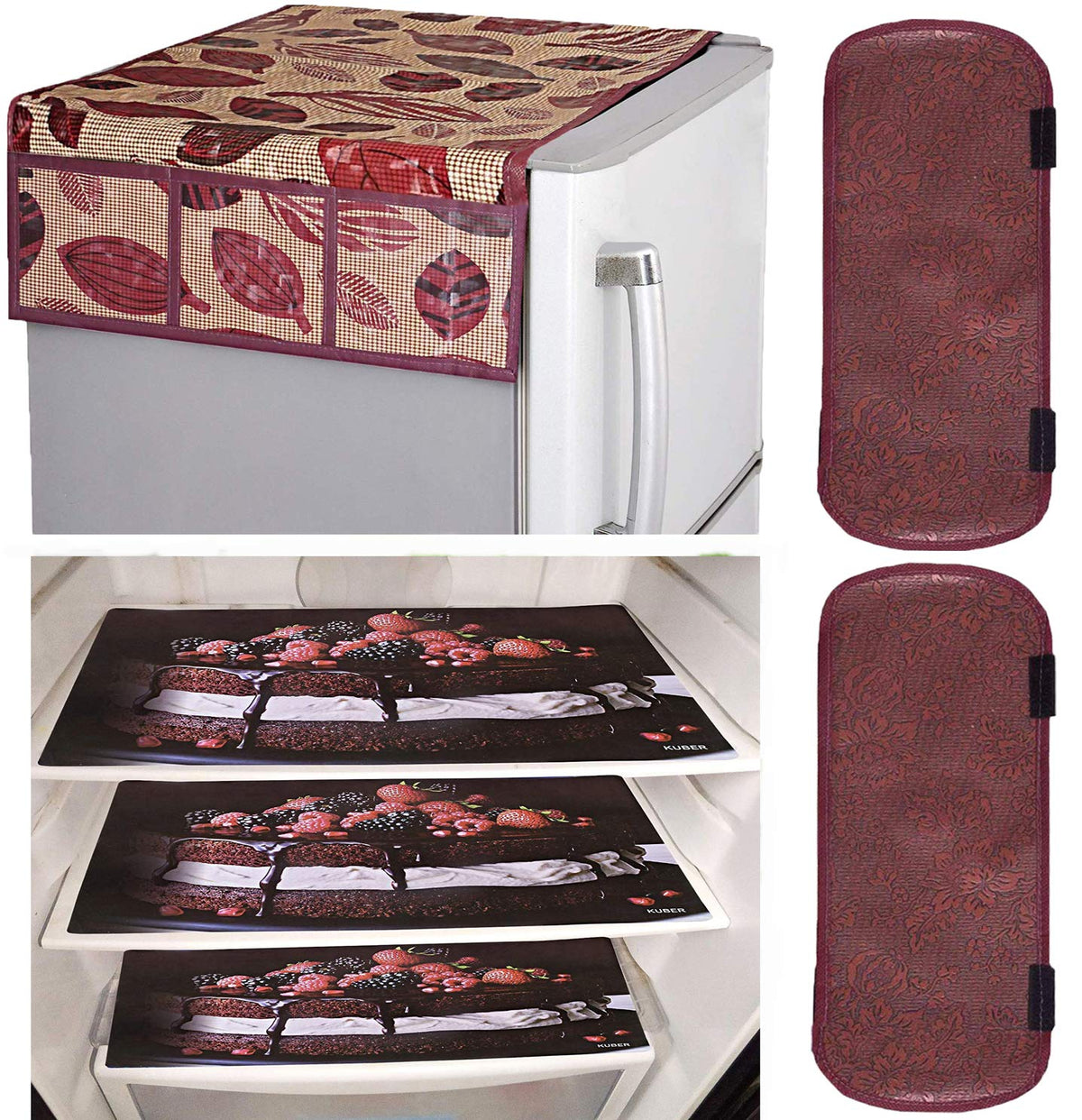 Kuber Industries PVC 3 Pieces Fridge Mats, 2 Piece Handle Cover and 1 Piece Fridge Top Cover (Brown & Maroon)-CTKTC32919