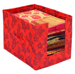 Kuber Industries Saree Organizer for Wardrobe/Closet Storage Box and Clothing Organiser for Women Clothes With Metalic Flower Print- Pack of 3 (Red)