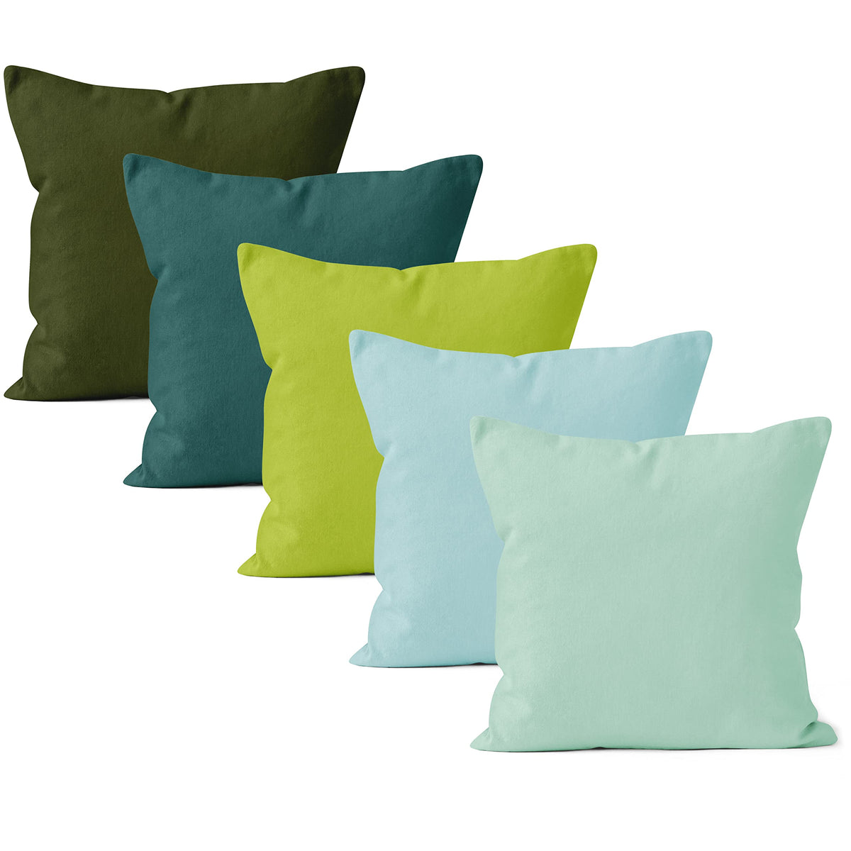 Encasa Homes Decorative Cushion Cover 5 pc Set 16"x16" (40x40 cm) - Green Combo - Solid Dyed Plain Colour, Large Cotton Canvas Square Pillow Case for Chair, Seat, Bed, Sofa, Office (Set of 5)