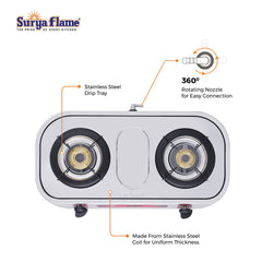 Surya Flame Costa Gas Stove 2 Burners | Stainless Steel Body | Manual LPG Stove | Sleek Body Design With Anti Skid Rubber Legs - 2 Years Complete Doorstep Warranty(Pack of 2)