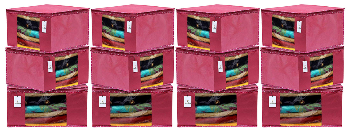 Kuber Industries 12 Pieces Non Woven Fabric Saree Cover/Clothes Organiser for Wardrobe Set with Transparent Window, Extra Large (Pink)-KUBMART2765
