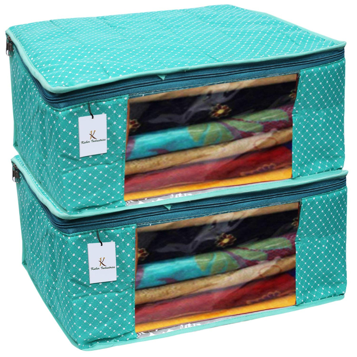 Kuber Industries Polka Dots 2 Piece Cotton 3 Layered Quilted Saree Cover, Green-CTKTC025824