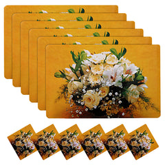 Kuber Industries Flower Printed PVC Stain Resistant, Anti-Skid, Waterproof 6 Pcs Placemats with 6 Pcs Tea Coasters Set for Dining Kitchen Restaurant Table, Set of 12 (Yellow, Polyvinyl Chloride)