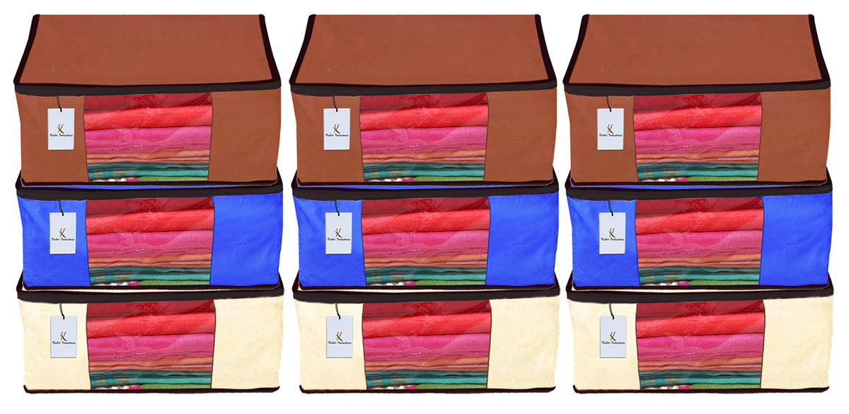 Kuber Industries 9 Piece Non Woven Fabric Saree Cover Set with Transparent Window, Extra Large, Ivory,Royal Blue,Dark Brown-CTKTC23798