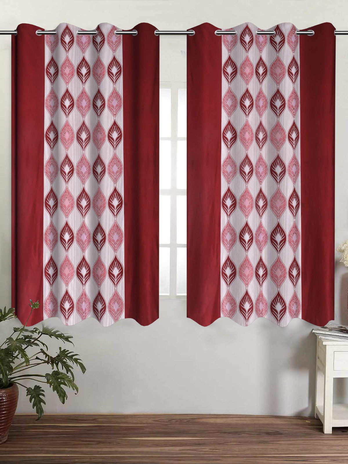 Kuber Industries Zig Zag Design 2 Pieces Polyester Eyelet Window Curtain 5 Feet (Maroon)-Ctktc14216