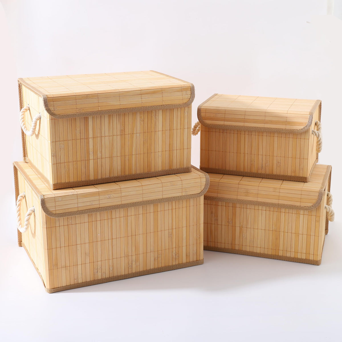 Homestic 4 Pcs Storage Basket | Bamboo Basket for Clothes-Toys | Storage Basket with Lid | Foldable & Durable | Pack of 1 | Brown