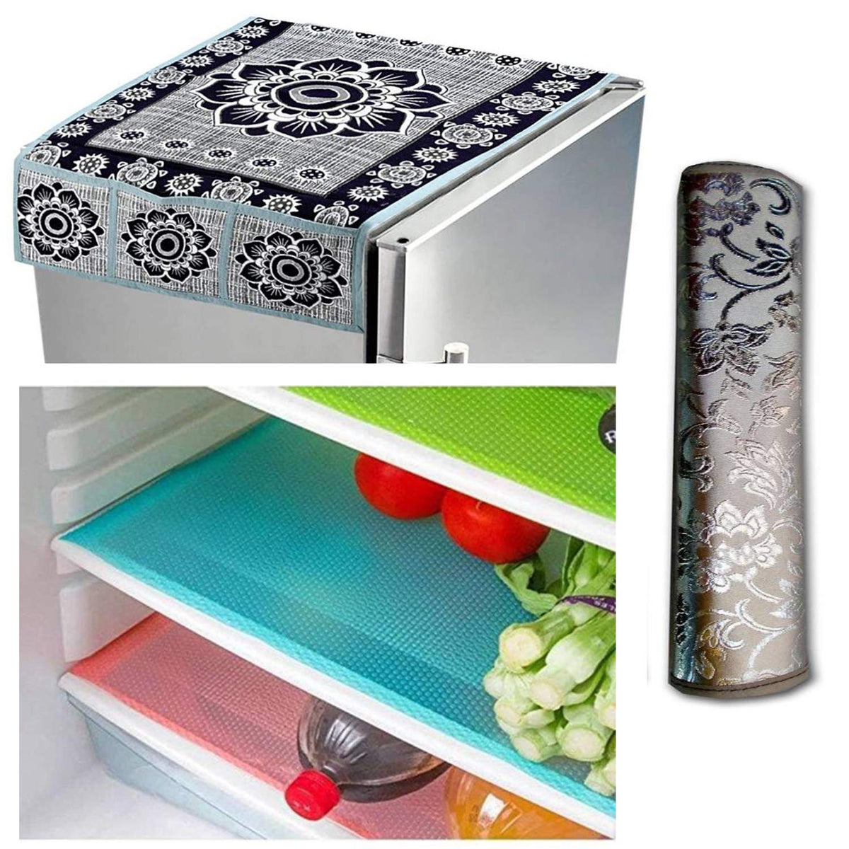 Kuber Industries Cloth 3 Pieces Fridge Mat, 1 Piece Handle Cover and 1 Pieces Fridge Top Cover (Multi)-CTKTC2760