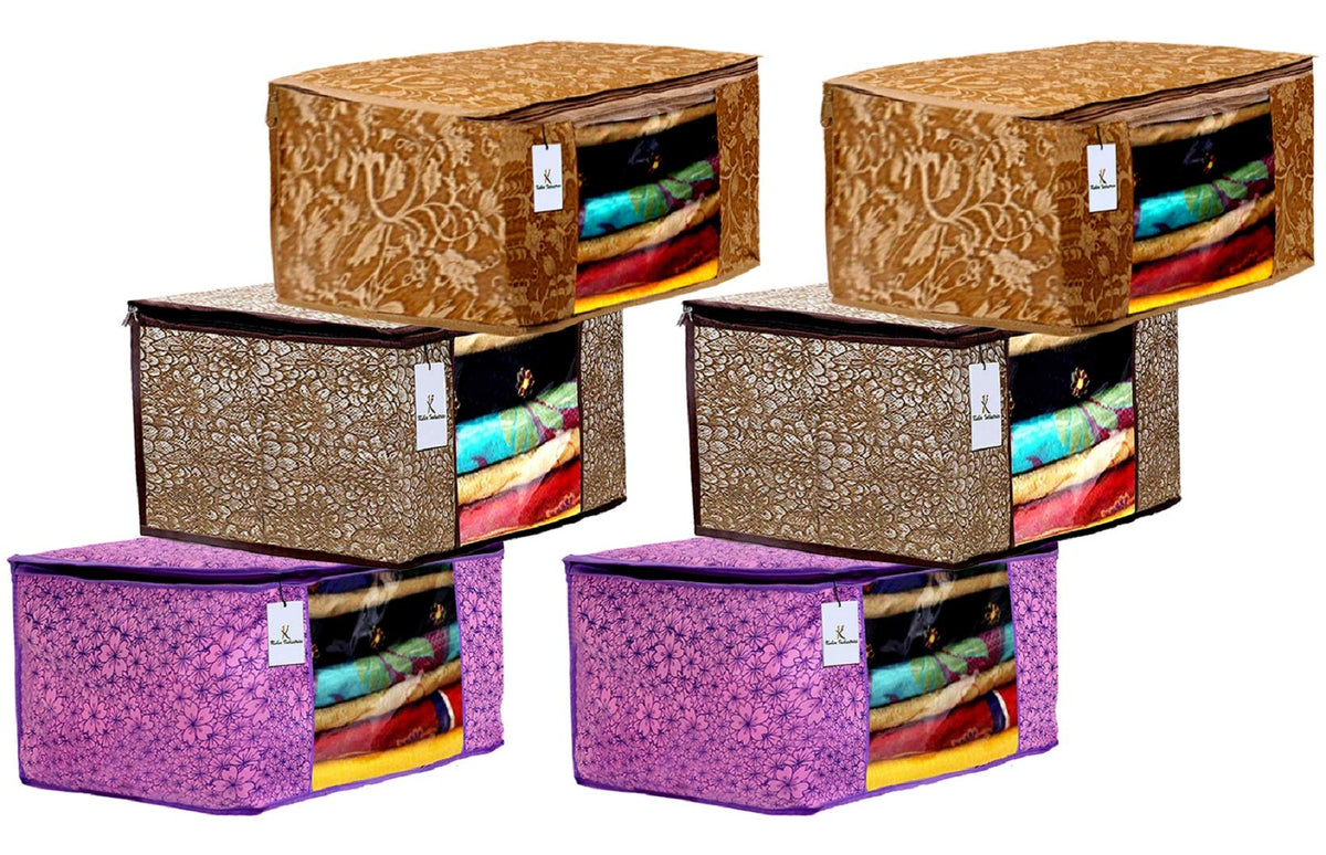 Kuber Industries Metalic Printed 6 Piece Non Woven Fabric Saree Cover Set with Transparent Window, Extra Large, Pink Purple & Golden Brown & Beige -CTKTC040892