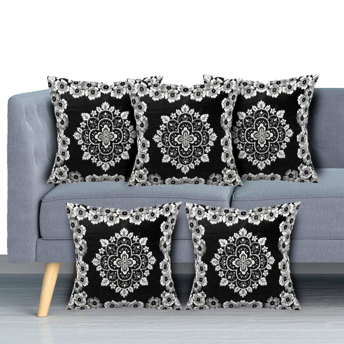 Kuber Industries Flower Design Velvet Pillows Covers for Couch Bed Sofa, Soild Soft Cushion Case, 16x16 Inches- Pack of 5 (Black)