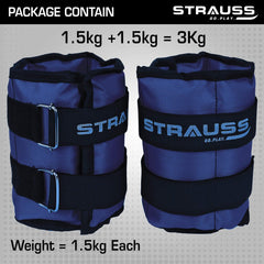 Strauss Adjustable Ankle/Wrist Weights 1.5 KG X 2 | Ideal for Walking, Running, Jogging, Cycling, Gym, Workout & Strength Training | Easy to Use on Ankle, Wrist, Leg, (Blue)