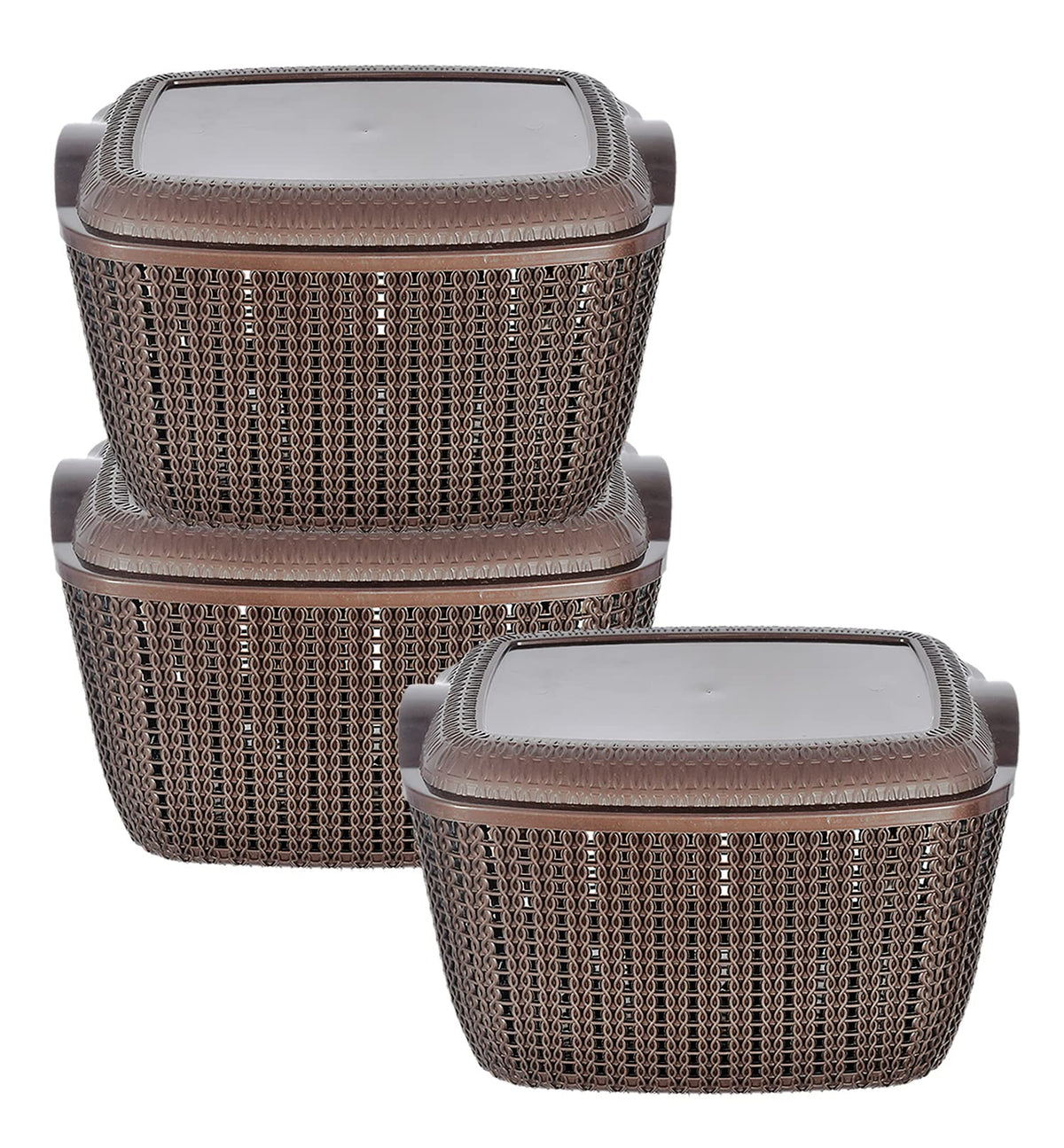 Heart Home Multipurposes Large M 30 Plastic Basket, Organizer For Kitchen, Countertops, Cabinets, Bathroom With Lids- Pack of 3 (Brown) -46HH010