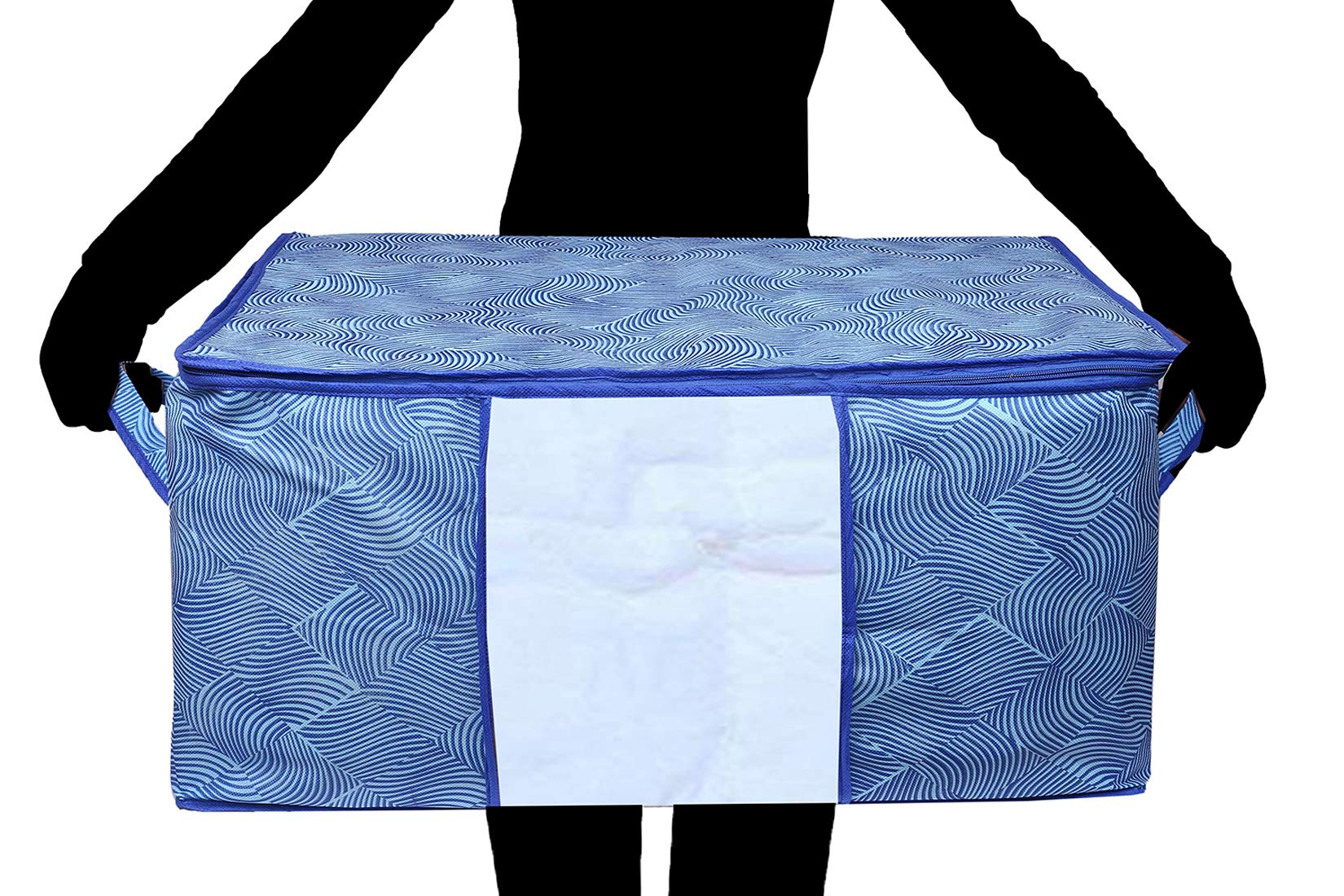 Kuber Industries Leheriya Design Non Woven Underbed Storage Bag|Large Storage Organiser|Blanket Cover with Transparent Window|Size 65 x 47 x 34 CM|Pack of 4 ( Blue)