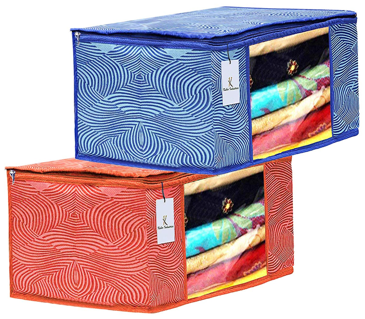Kuber Industries Leheriya Printed 2 Piece Non Woven Fabric Saree Cover Set with Transparent Window, Extra Large, Orange & Blue -CTKTC40791