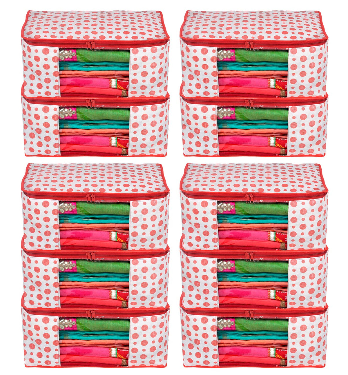 Kuber Industries Dot Printed Non-Woven Saree Cover, Cloth Organizer, Wardrobe Organiser With Tranasparent Window- Pack of 10 (Pink)-46KM0488