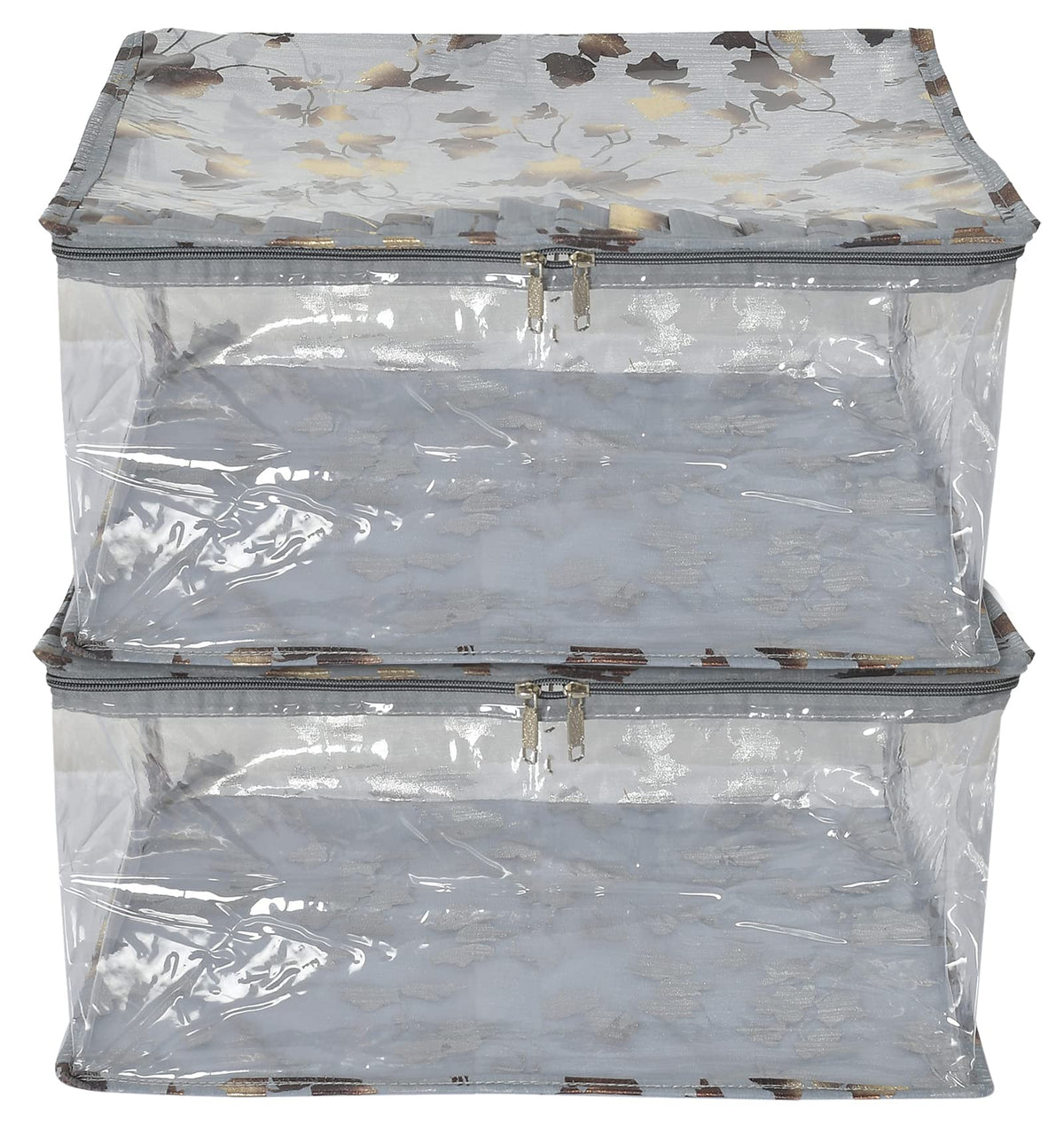 Kuber Industries Leaf Printed Laminated Transparent Underbed Storage Bag- Pack of 2 (Grey)-HS43KUBMART26135