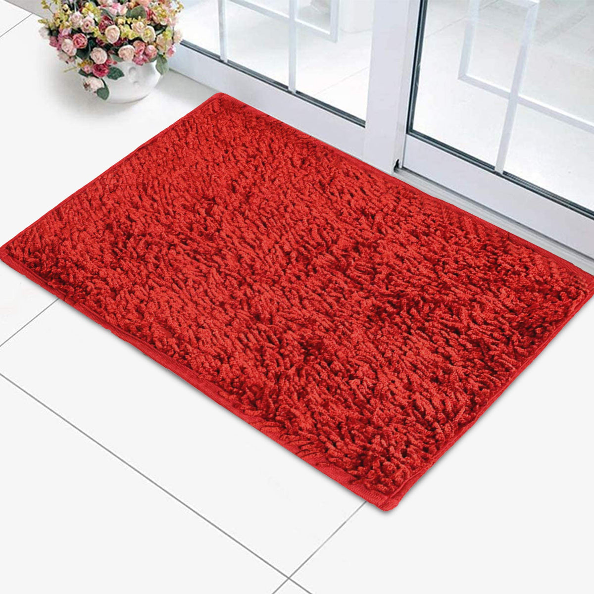 Kuber Industries Velvet Shaggy Premium Heavy Duty Doormat, Indoor Outdoor, Easy Clean, Waterproof, Low-Profile Mats for Entry, Patio, Garage (Red, Standard)