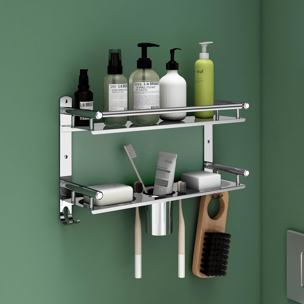 Primax 5in1 Bathroom Organizer with Dual Soap Dish and Tumbler Holder/Wall Shelf with Hooks/Multipurpose Rack/Bathroom Accessories (APS-732, Chrome)