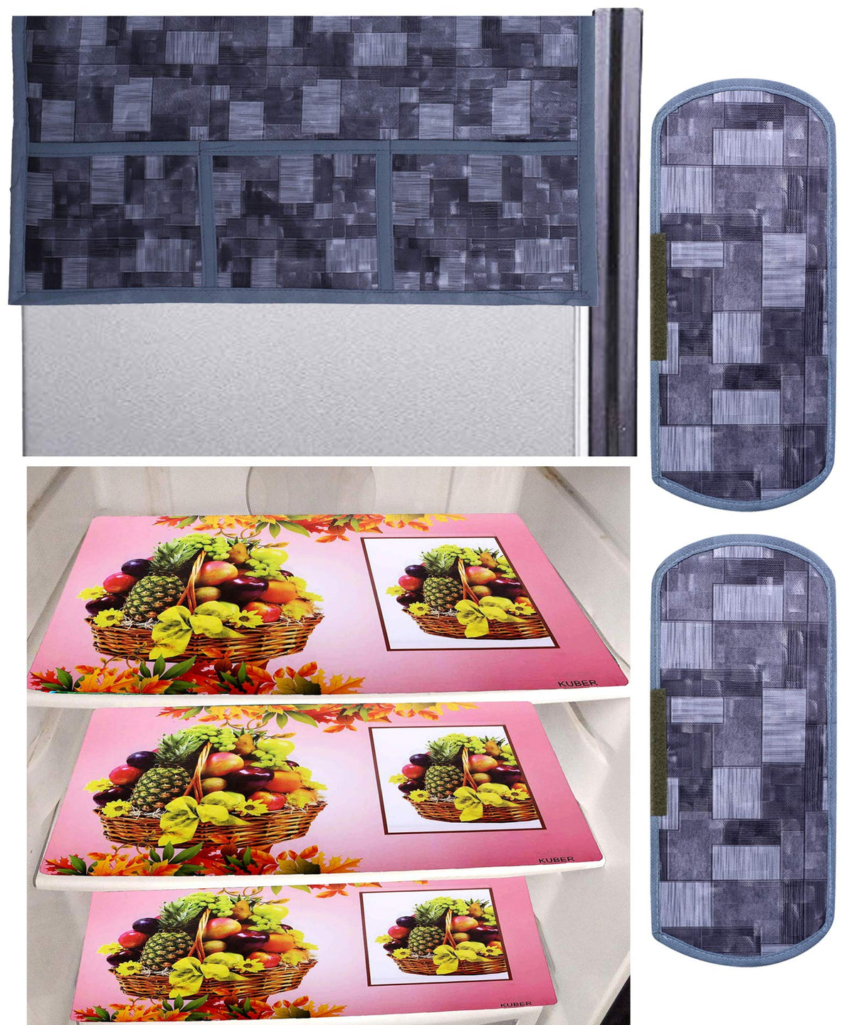 Kuber Industries Fruit Basket Design 3 Pieces PVC Fridge Mats,2 Piece Handle Cover and 3D Checkered Design 1 Piece Fridge Top Cover (Grey) - CTKTC39806