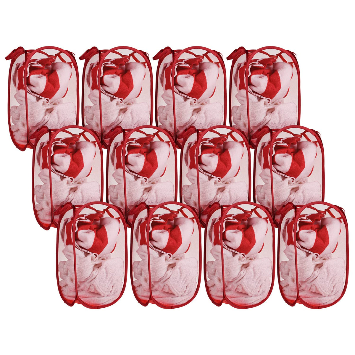 Kuber Industries Net Laundry Basket | Foldable & Lighweight Clothes Basket for Kids Room | Nylon Durable Storage Basket with handle | Small | Pack of 12 | Red