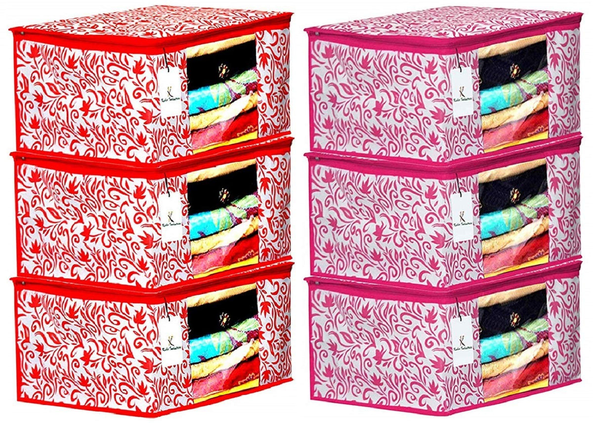 Kuber Industries Leaf Design 6 Piece Non Woven Fabric Saree Cover Set with Transparent Window, Extra Large, Red & Pink -CTKTC040859