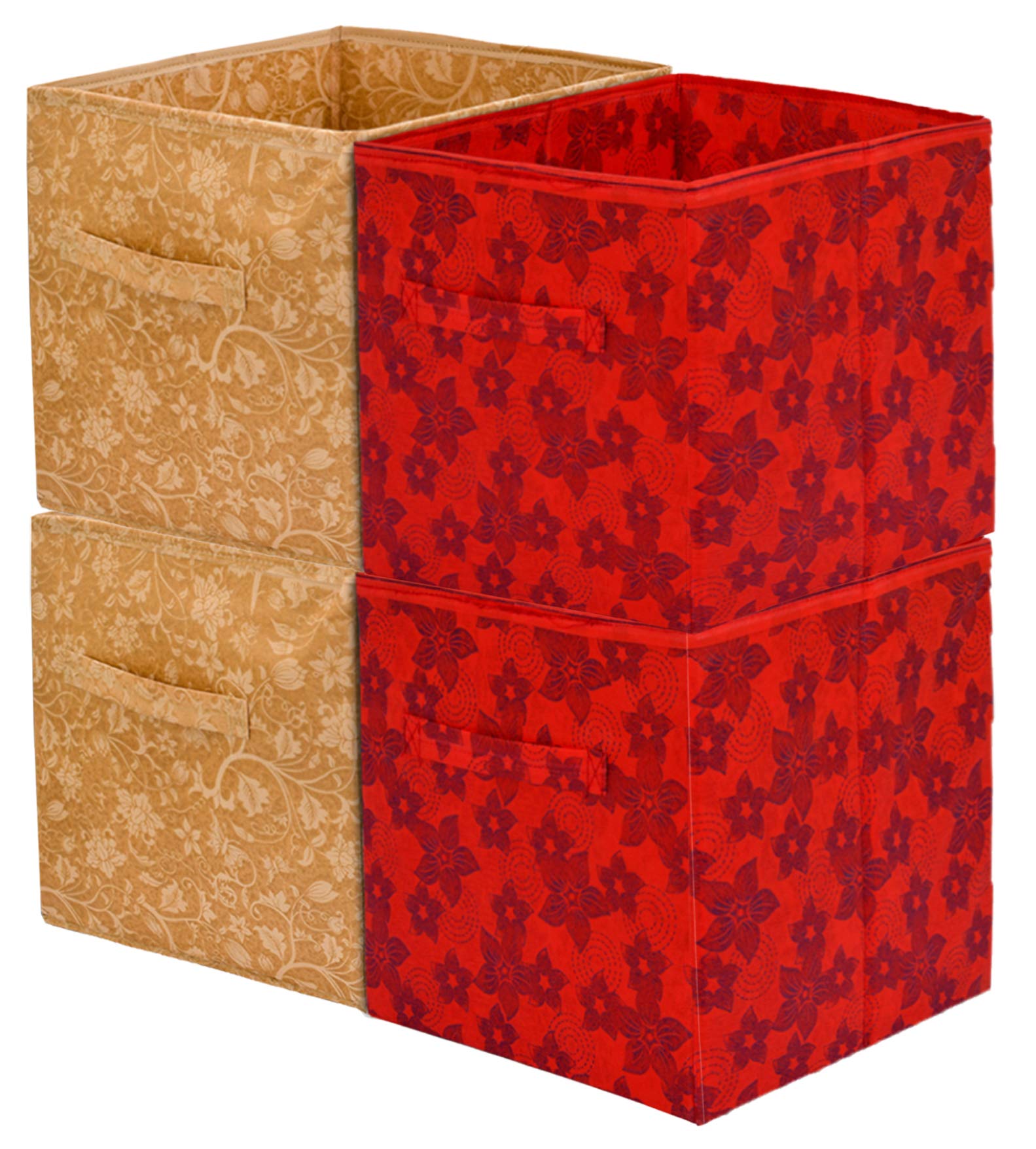 Kuber Industries Metallic Design Non Woven 4 Pieces Large Foldable Storage Organiser Cubes/Boxes (Red & Beige) - CTKTC35621