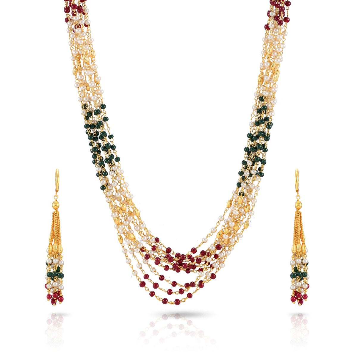 Yellow Chimes Ganthan Moti Handmade Pearl Multilayer Beads Gold Plated Traditional Long Chain Necklace Set with Earrings Jewellery Set for Women and Girls