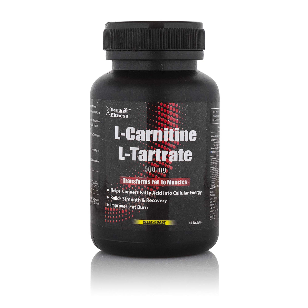 Healthvit L-Carnitine L-Tartrate 500 mg | Weight Loss Supplement, Fat Burner, Muscle Recovery, Pre & Post workout Supplement - 60 Tablets