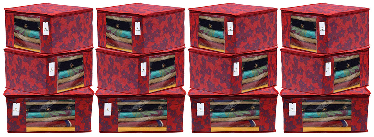 Kuber Industries Metalic Printed 12 Pieces Non Woven Fabric Saree Cover/Clothes Organiser for Wardrobe Set with Transparent Window, Extra Large (Red)-KUBMART2789