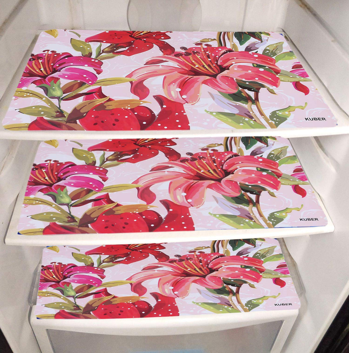 Kuber Industries Refrigerator Drawer Mat|Multipurpose & Trendy Pattern|Flower Design & Water Proof PVC Material,Pack Of 6 (Pink)-CTKTC13671, Polyvinyl Chloride