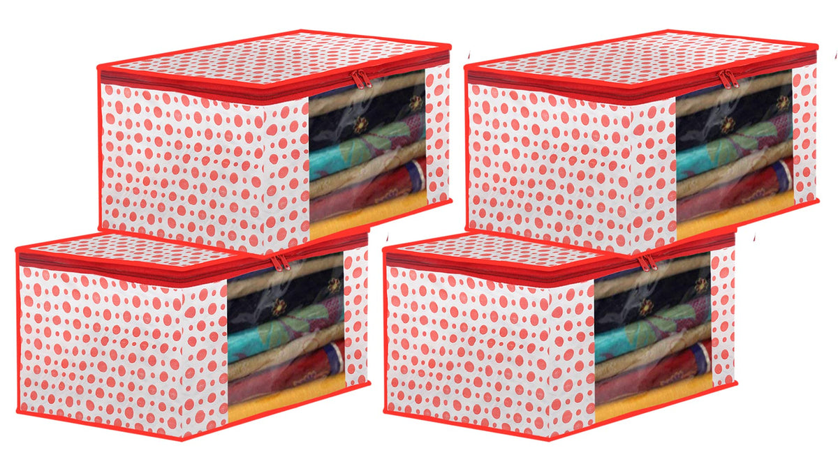 Kuber Industries Dot Printed Foldable, Lightweight Non-Woven Saree Cover/Organizer With Tranasparent Window- Pack of 4 (Pink)-46KM0481, Cotton