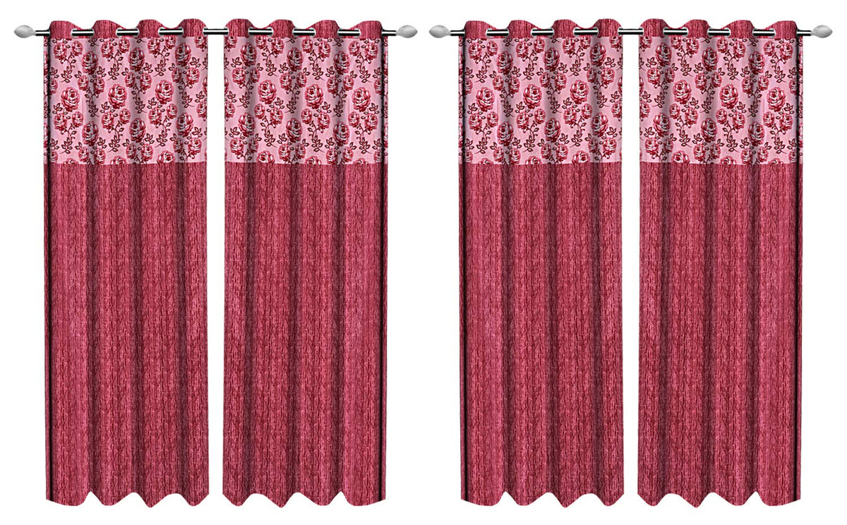 Kuber Industries Rose Design 4 Pieces Polyester Eyelet Door Curtain 7 Feet (Pink)-Ctktc030197